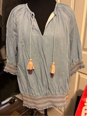 Matilda Jane Light Blue Chambray Denim Peasant Top with Pink Trim